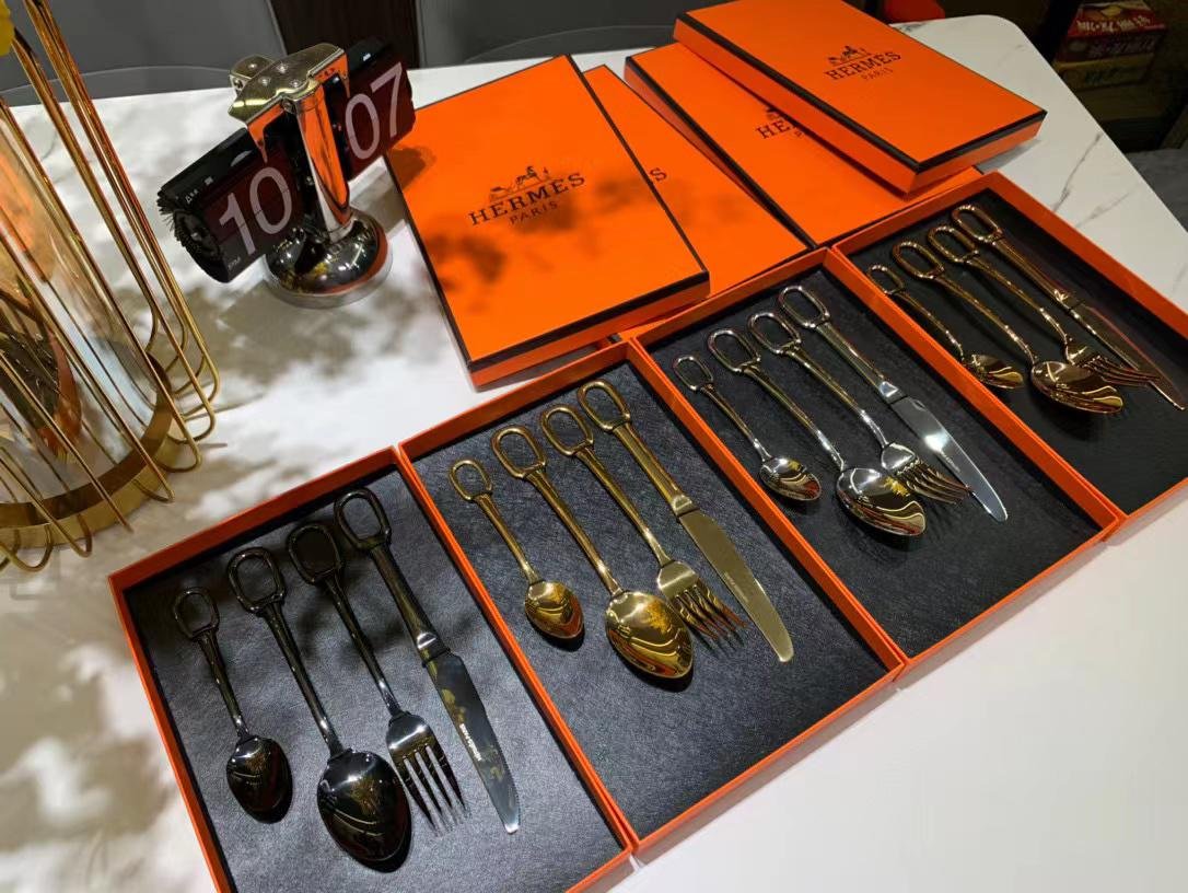 Hermes cutlery set for one person, Gold or Silver,  and black color - Hermes Cutlery | Buy Online in UAE